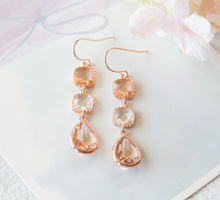 Load image into Gallery viewer, Peach Champagne Clear Crystal Dangle Earrings, Rose Gold Earrings, Peach Wedding Jewelry, Christmas Party Earrings, Gift for Her
