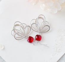 Load image into Gallery viewer, Red Earrings, Silver Filigree Dangle Earrings, Red Wedding Bridesmaid Earrings, Silver Feather Chandelier Earrings, Birthday Gift for Her
