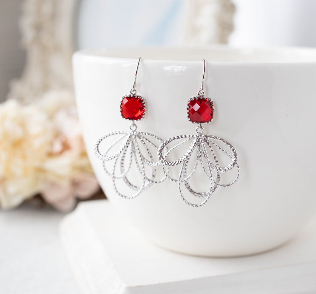 Red Earrings, Silver Filigree Dangle Earrings, Red Wedding Bridesmaid Earrings, Silver Feather Chandelier Earrings, Birthday Gift for Her