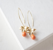 Load image into Gallery viewer, Orange Coral Pearl Earrings, Gold Orchid Flower Dangle Earrings, Coral Wedding Jewelry, Bridesmaid Gift, Gift for Wife Daughter Sister Mom
