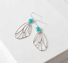 Load image into Gallery viewer, Turquoise Blue Earrings, Silver Wing Earrings, Butterfly Wing, Fairy Wing, Wing Jewelry, Gift for Women, Birthday Gift for Her
