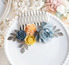 画像をギャラリービューアに読み込む, Navy Blue Mustard Yellow Peach Dusty Blue Silver Bridal Hair Comb, Barn Wedding Garden Wedding Country Wedding Hair Accessory, Rose Leaf
