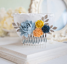 画像をギャラリービューアに読み込む, Navy Blue Mustard Yellow Peach Dusty Blue Silver Bridal Hair Comb, Barn Wedding Garden Wedding Country Wedding Hair Accessory, Rose Leaf
