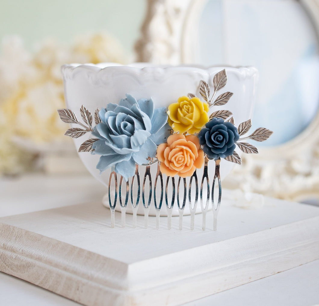 Navy Blue Mustard Yellow Peach Dusty Blue Silver Bridal Hair Comb, Barn Wedding Garden Wedding Country Wedding Hair Accessory, Rose Leaf