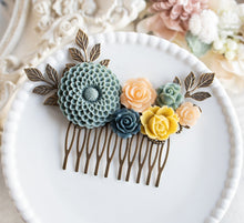 Load image into Gallery viewer, Chrysanthemum Rose Peony Flowers Hair Comb, Dusty Blue Navy Blue Peach Mustard Yellow Wedding Bridal Hair Accessory, Antiqued gold leaf comb
