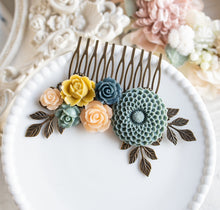 Load image into Gallery viewer, Chrysanthemum Rose Peony Flowers Hair Comb, Dusty Blue Navy Blue Peach Mustard Yellow Wedding Bridal Hair Accessory, Antiqued gold leaf comb
