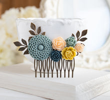 Load image into Gallery viewer, Chrysanthemum Rose Peony Flowers Hair Comb, Dusty Blue Navy Blue Peach Mustard Yellow Wedding Bridal Hair Accessory, Antiqued gold leaf comb
