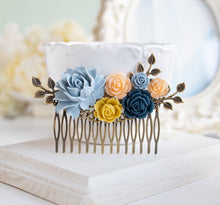 Load image into Gallery viewer, French Country Chic Hair Accessory, Dusty Blue Mustard Yellow Peony Peach Navy Blue Rose Floral Collage Hair Comb, Bridal Gift for Her
