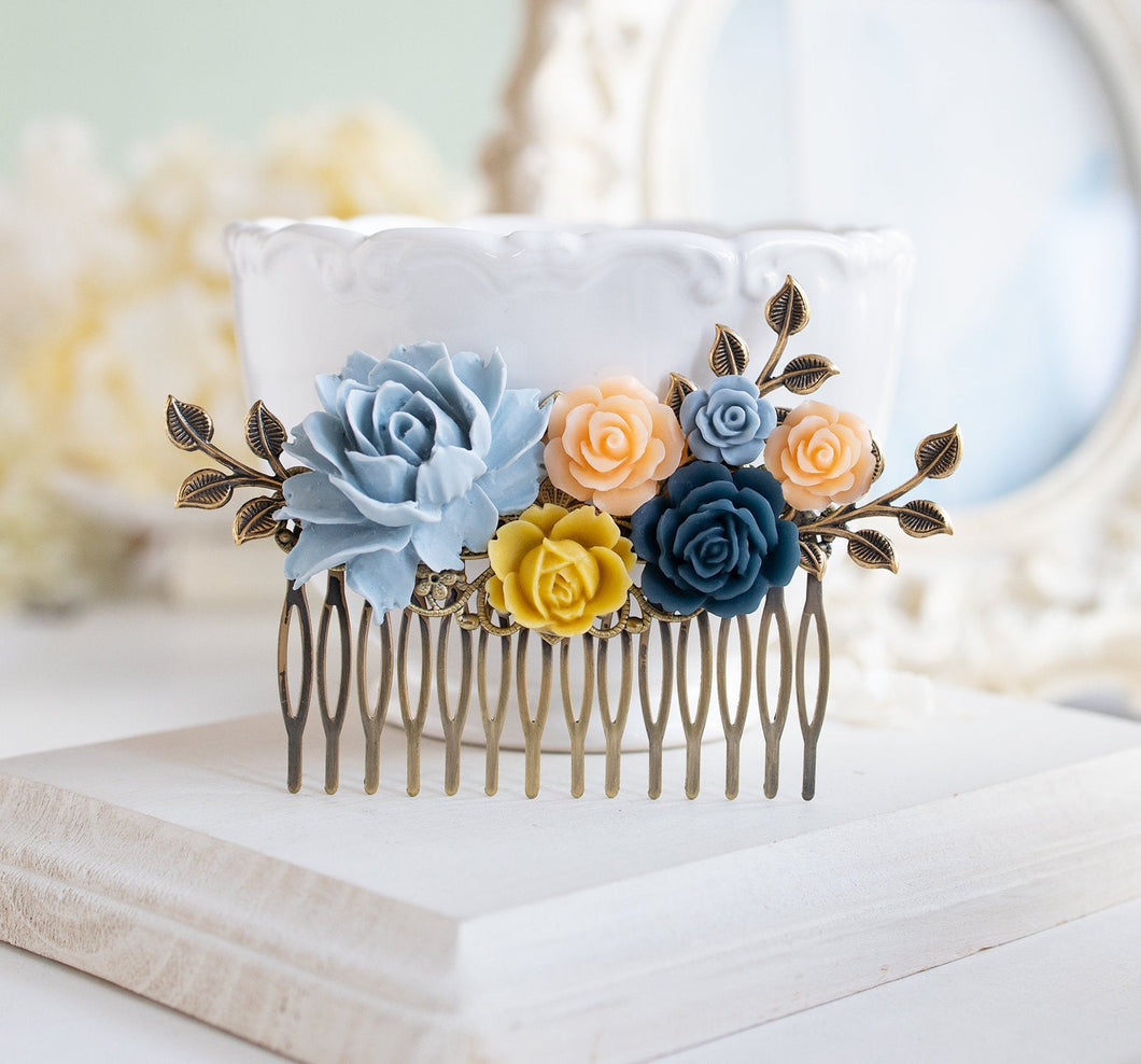 French Country Chic Hair Accessory, Dusty Blue Mustard Yellow Peony Peach Navy Blue Rose Floral Collage Hair Comb, Bridal Gift for Her