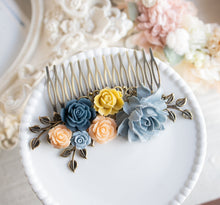 Load image into Gallery viewer, French Country Chic Hair Accessory, Dusty Blue Mustard Yellow Peony Peach Navy Blue Rose Floral Collage Hair Comb, Bridal Gift for Her
