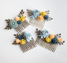 Load image into Gallery viewer, French Country Chic Hair Accessory, Dusty Blue Mustard Yellow Peony Peach Navy Blue Rose Floral Collage Hair Comb, Bridal Gift for Her
