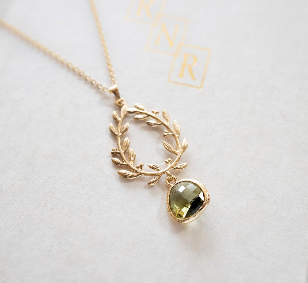 Olive Green Glass Jewel Gold Laurel Wreath Necklace, Leaf Branch Necklace, Olive Green Wedding Bridesmaid Gift, Gift for Her, Gift for women