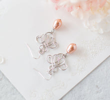 Load image into Gallery viewer, Peach Pearl Silver Dangle Earrings, Peach Wedding Jewelry, Bridesmaid Earrings, Silver Motif filigree Earrings, Gift for women mom daughter
