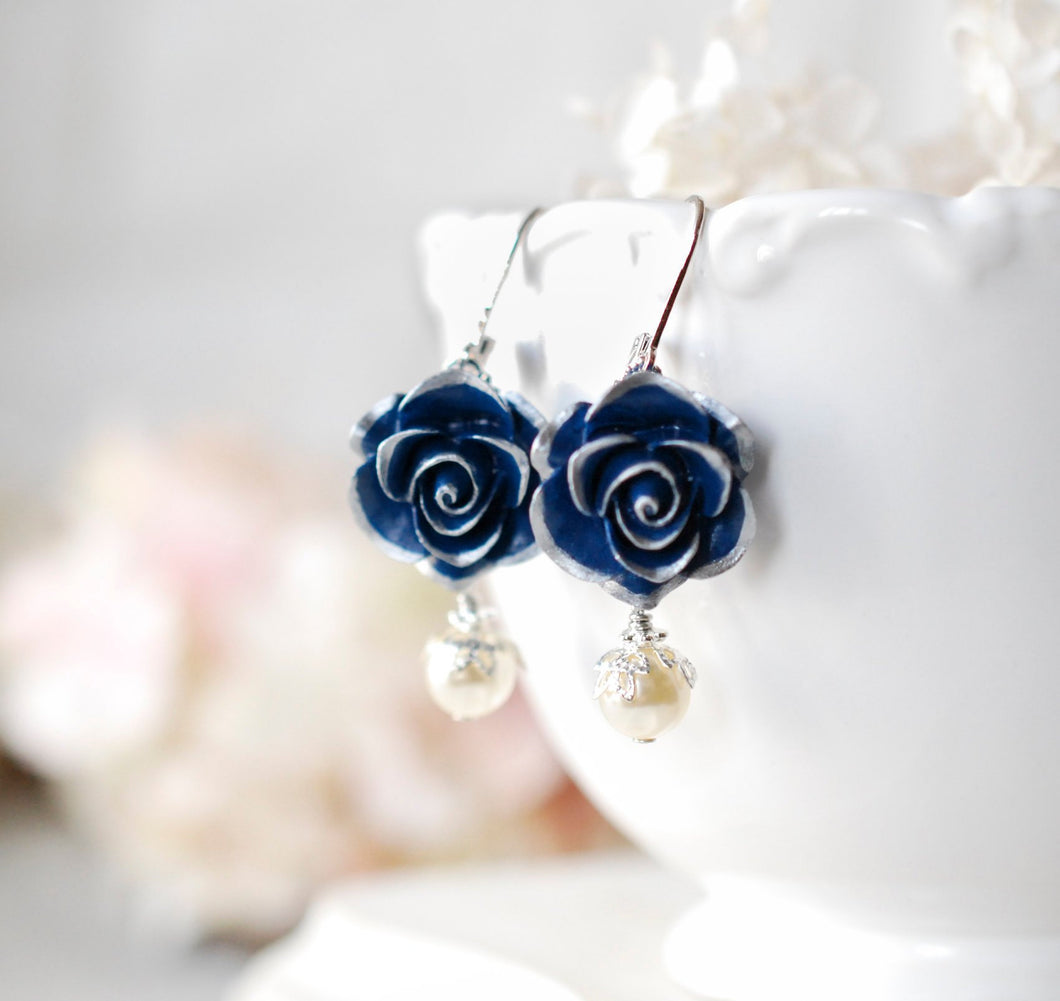 Navy Blue Earrings in Silver, Dark Blue Rose Flower Cream White Pearl Lever back Earrings, Vintage Wedding Bridesmaid Gift, Gift for Her