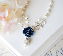 Load image into Gallery viewer, Dark Blue Navy Rose Flower Silver Leaf Branch Cream White Pearl Necklace, Navy Blue Bridal Necklace, Something Blue Wedding Bridesmaid Gift
