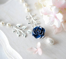 Load image into Gallery viewer, Dark Blue Navy Rose Flower Silver Leaf Branch Cream White Pearl Necklace, Navy Blue Bridal Necklace, Something Blue Wedding Bridesmaid Gift
