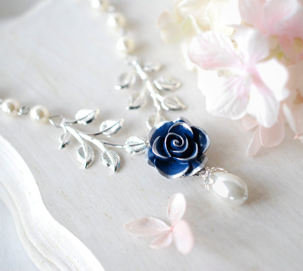 Dark Blue Navy Rose Flower Silver Leaf Branch Cream White Pearl Necklace, Navy Blue Bridal Necklace, Something Blue Wedding Bridesmaid Gift