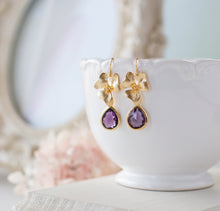 Load image into Gallery viewer, Purple Earrings, Amethyst Purple Glass Jewel Gold Flower Blossoms, Purple Wedding Bridesmaid Earrings, Gift for Women, February Birthstone
