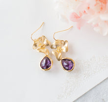 Load image into Gallery viewer, Purple Earrings, Amethyst Purple Glass Jewel Gold Flower Blossoms, Purple Wedding Bridesmaid Earrings, Gift for Women, February Birthstone
