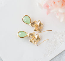 Load image into Gallery viewer, Mint Green Earrings Gold Flower Dangle Earrings, Mint Wedding Jewelry, Bridesmaid Gift, gift for women, gift for her, gift for Daughter Mom
