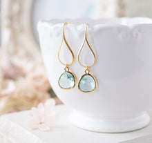 Load image into Gallery viewer, Gold Aqua Blue Earrings. Aquamarine Teardrop Glass Drop Earrings. Gift for Her. Dangle Earrings. March Birthstone Birthday Gift for women
