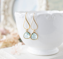 Load image into Gallery viewer, Gold Aqua Blue Earrings. Aquamarine Teardrop Glass Drop Earrings. Gift for Her. Dangle Earrings. March Birthstone Birthday Gift for women
