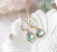 Load image into Gallery viewer, Gold Aqua Blue Earrings. Aquamarine Teardrop Glass Drop Earrings. Gift for Her. Dangle Earrings. March Birthstone Birthday Gift for women
