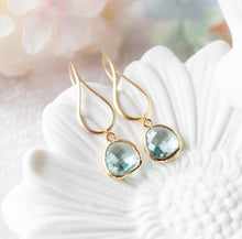 Load image into Gallery viewer, Gold Aqua Blue Earrings. Aquamarine Teardrop Glass Drop Earrings. Gift for Her. Dangle Earrings. March Birthstone Birthday Gift for women
