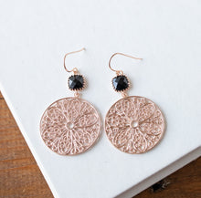 Load image into Gallery viewer, Rose Gold Black Earrings, Round Circle Filigree Earrings, Boho Chic Bohemian Style, Black Dangle Earrings, Gift for girlfriend wife daughter
