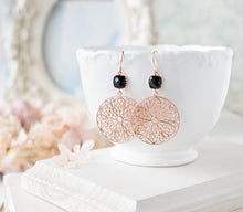 Load image into Gallery viewer, Rose Gold Black Earrings, Round Circle Filigree Earrings, Boho Chic Bohemian Style, Black Dangle Earrings, Gift for girlfriend wife daughter
