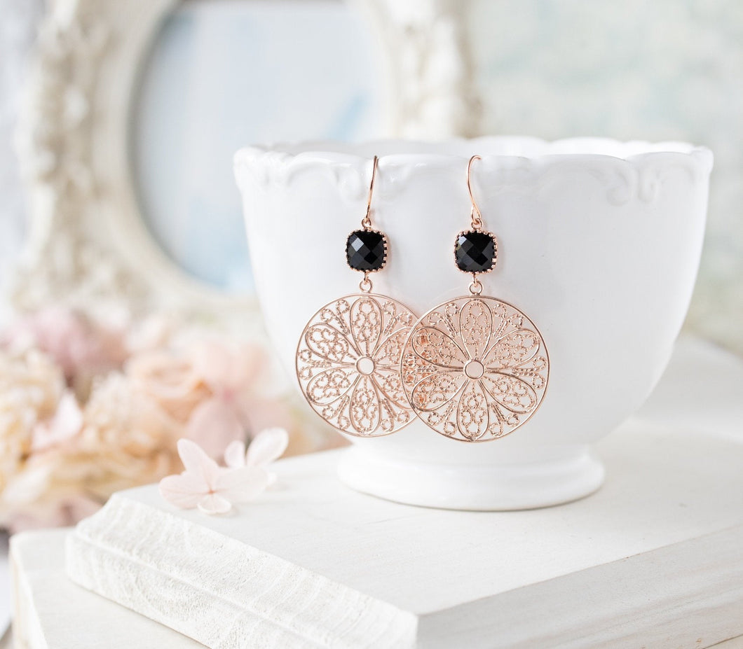 Rose Gold Black Earrings, Round Circle Filigree Earrings, Boho Chic Bohemian Style, Black Dangle Earrings, Gift for girlfriend wife daughter