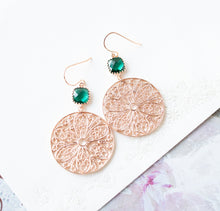 Load image into Gallery viewer, Rose Gold Emerald Green Earrings, Large Round Filigree Earrings, Statement Earrings, May Birthstone Jewelry, Birthday Gift for women girls
