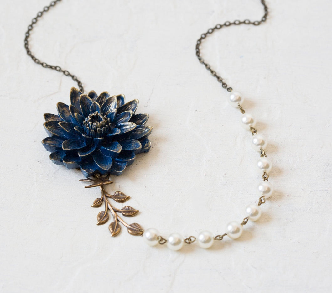 Navy Blue Flower Necklace, Cream White Pearls Antiqued Gold Bird and Leaf Statement Necklace, Navy Blue Wedding Jewelry, Gift for Mom Wife