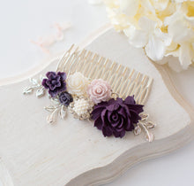 画像をギャラリービューアに読み込む, Purple Wedding Silver Bridal Hair Comb, Eggplant Purple Lilac White Flower Hair Comb, Leaf Branch Pearl rhinestones, Vintage French Country
