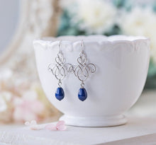 Load image into Gallery viewer, Navy Blue Swarovski Lapis Pearls Silver Earrings Navy Blue Wedding Jewelry Bridal Earrings Maid of Honor Bridesmaid Earrings Gift
