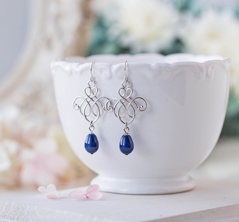 Navy Blue Swarovski Lapis Pearls Silver Earrings Navy Blue Wedding Jewelry Bridal Earrings Maid of Honor Bridesmaid Earrings Gift