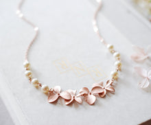 Load image into Gallery viewer, Rose Gold Orchid Flowers Swarovski Cream White Pearls Necklace, Rose Gold Wedding Jewelry, Bridal Jewelry, Bridesmaid Gift, Gift for Her
