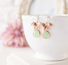 Load image into Gallery viewer, Mint Green Earrings, Rose Gold Earrings, Rose Gold Orchid Flower Blossom Dangle Earrings, Mint Green Wedding Jewelry, Bridesmaid Earrings
