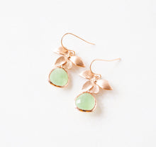 Load image into Gallery viewer, Mint Green Earrings, Rose Gold Earrings, Rose Gold Orchid Flower Blossom Dangle Earrings, Mint Green Wedding Jewelry, Bridesmaid Earrings
