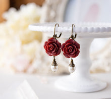 Load image into Gallery viewer, Dark Red Earrings Burgundy Flower Earrings, Cream White Pearl Earrings, Marsala Maroon Wedding Jewelry, Bridesmaid Gift, Vintage Style
