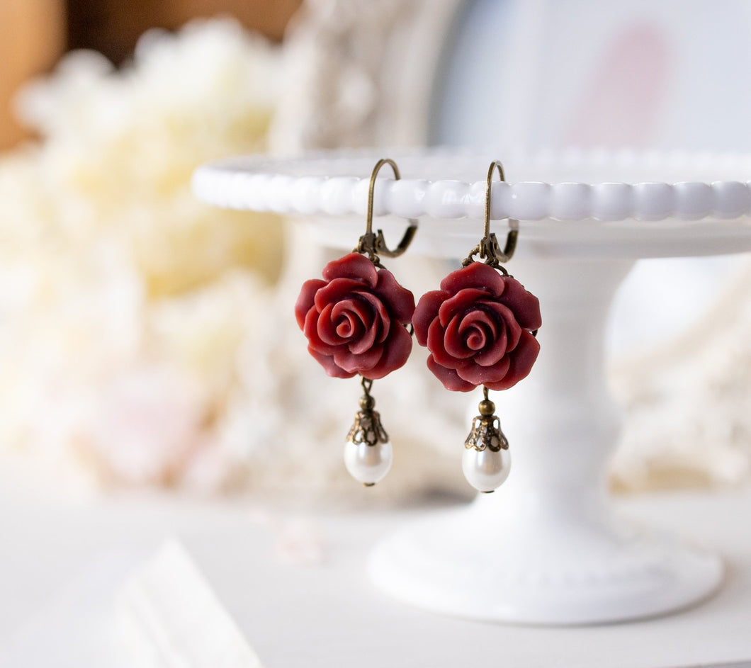 Dark Red Earrings Burgundy Flower Earrings, Cream White Pearl Earrings, Marsala Maroon Wedding Jewelry, Bridesmaid Gift, Vintage Style