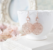 Load image into Gallery viewer, Clear Crystal Earrings, Rose Gold Round Circle Filigree Earrings, Bohemian Jewelry, Bridal Earrings, April Birthstone, Birthday Gift for her
