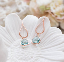 Load image into Gallery viewer, Rose Gold Aqua Blue Crystal Dangle Earrings, Aquamarine Glass Drop Earrings, Aqua Wedding Bridesmaid Earrings, Bridesmaid Gift, Pink gold
