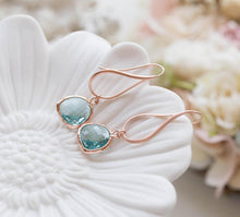 Load image into Gallery viewer, Rose Gold Aqua Blue Crystal Dangle Earrings, Aquamarine Glass Drop Earrings, Aqua Wedding Bridesmaid Earrings, Bridesmaid Gift, Pink gold
