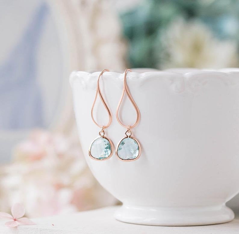 Rose Gold Aqua Blue Crystal Dangle Earrings, Aquamarine Glass Drop Earrings, Aqua Wedding Bridesmaid Earrings, Bridesmaid Gift, Pink gold