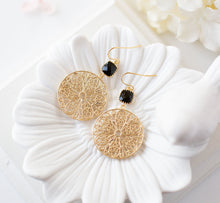 Load image into Gallery viewer, Gold and Black Earrings, Jet Black Gold Filigree Earrings, Gold Statement Earrings, Gold Mesh Round Circle Earrings, Boho Chic, Gift for Her
