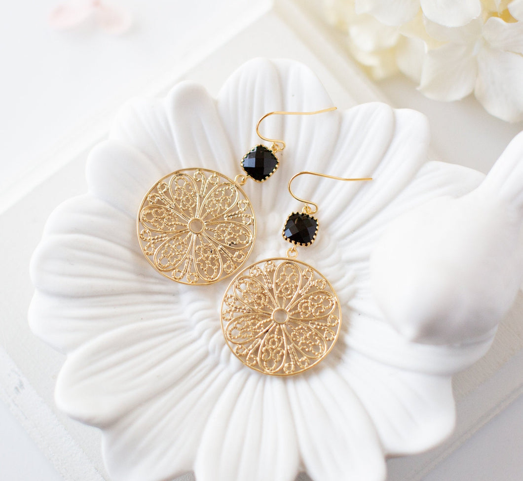 Gold and Black Earrings, Jet Black Gold Filigree Earrings, Gold Statement Earrings, Gold Mesh Round Circle Earrings, Boho Chic, Gift for Her