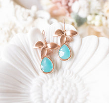 Load image into Gallery viewer, Turquoise Blue Earrings, Rose Gold Orchid Flower Earrings, Turquoise Wedding Jewelry, December Birthstone, Birthday Gift for Women Her
