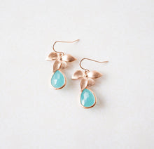 Load image into Gallery viewer, Turquoise Blue Earrings, Rose Gold Orchid Flower Earrings, Turquoise Wedding Jewelry, December Birthstone, Birthday Gift for Women Her
