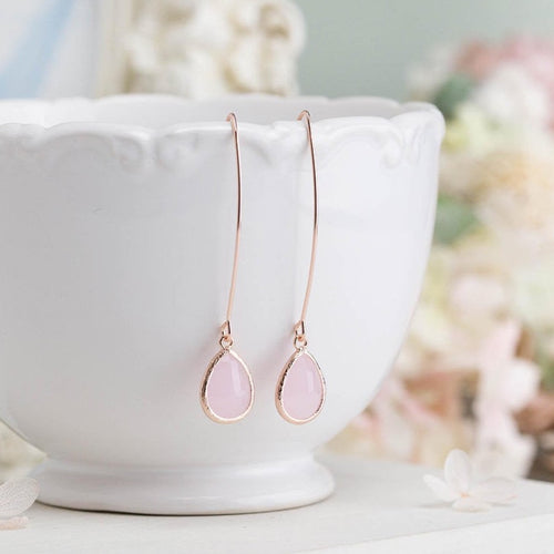 Pink Crystal Drop Rose Gold  Long Dangle Earrings